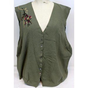 Koret Sweater Knit Vest sz 2X Green Embroidered Flower Bouquet Cottage Core